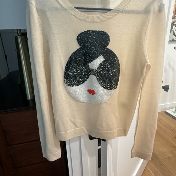 Alice + Olivia Cream Stace Face Sequin embellished stretch wool sweater - Picture 3 of 12